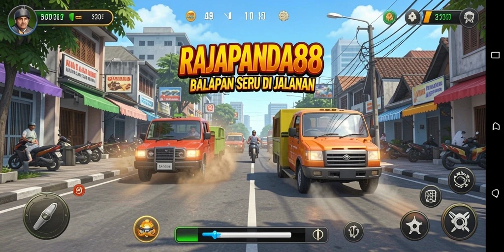 Gameplay menegangkan di <strong>RAJAPANDA88</strong> dengan mobil balap yang melaju kencang.