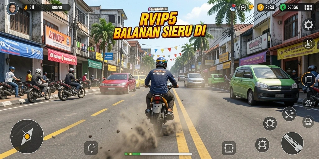 Screenshot gameplay RVIP5 menunjukkan aksi balapan yang mendebarkan.